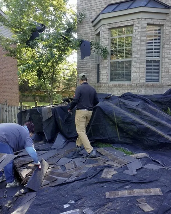 The crew picking old shingles up off the tarps by hand